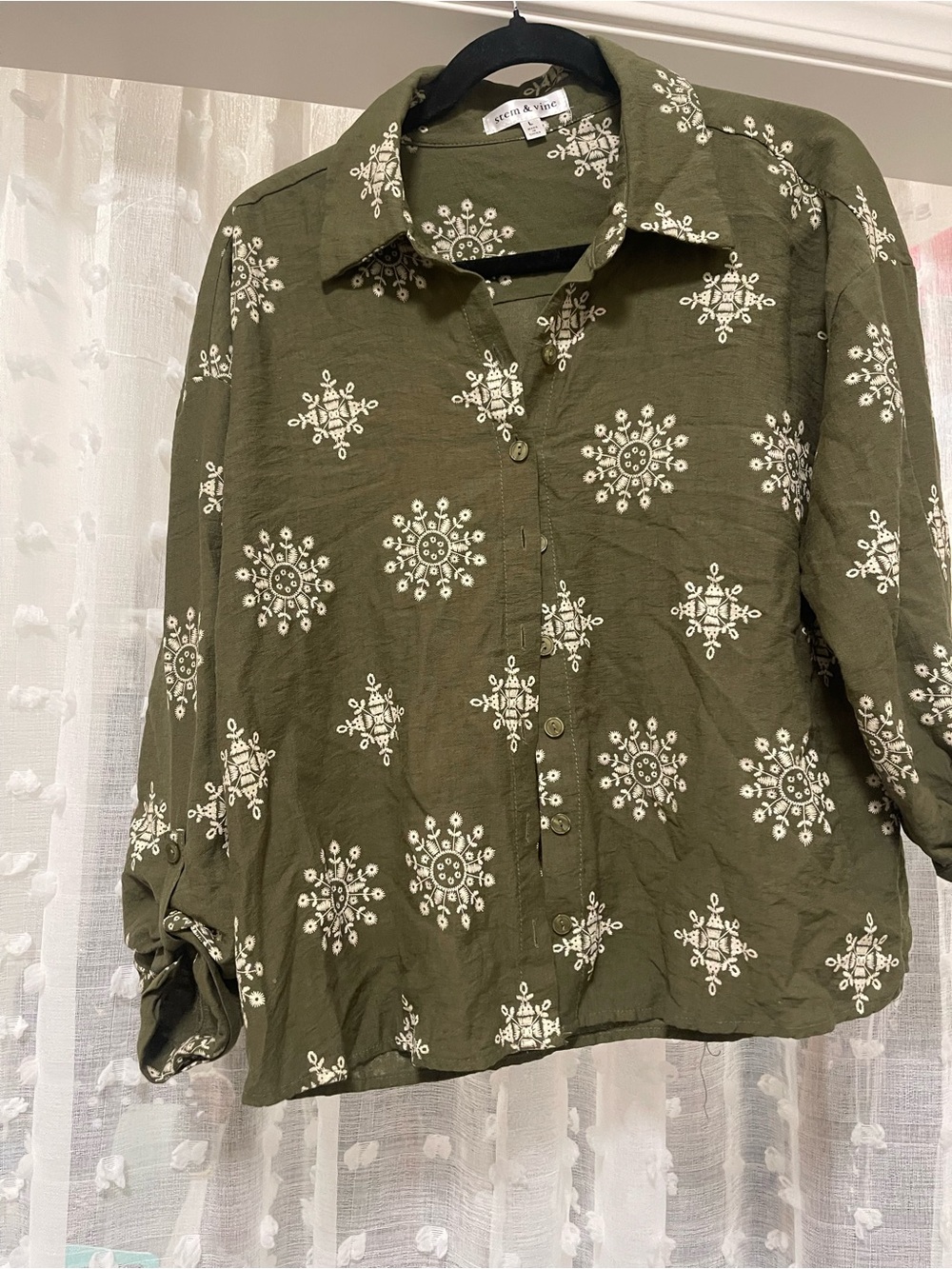 Sundry Olive Green Printed Button-Up Shirt with White Medallions - Picture 5 of 6